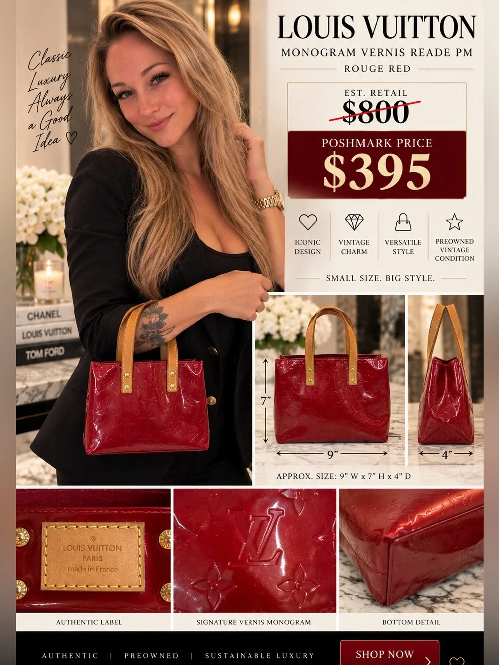 Louis Vuitton Rouge Red Monogram Vernis Reade PM Tote with Tan Handles